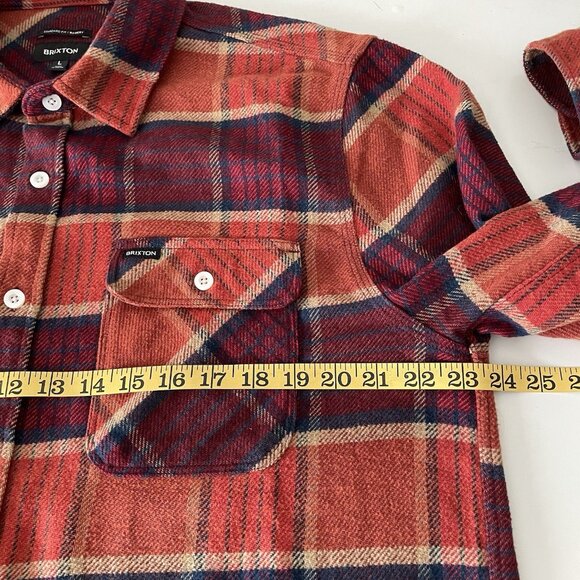 Brixton Bowery Standard Fit Mens Burgundy Orange Plaid Flannel Shirt Outdoor L - Picture 5 of 12